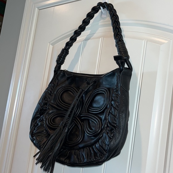Black leather Frosting Mary Norton swirly oversized purse handbag tassels boho - Picture 15 of 15